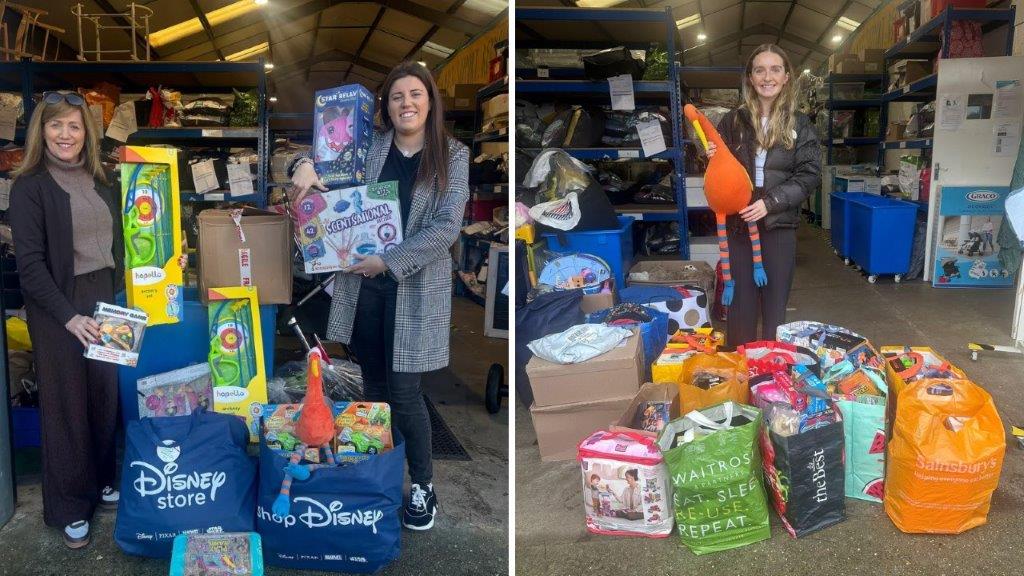 Kirsty and Georgia with gifts for Santa Stork